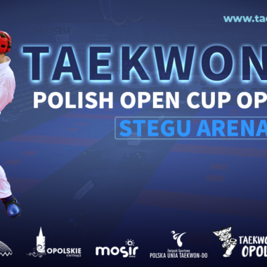 Niebieski Plakat Taekwon-do Polish Open Cup na którym walczą zawodnicy taekwon-do