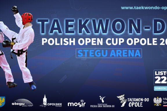 Niebieski Plakat Taekwon-do Polish Open Cup na którym walczą zawodnicy taekwon-do