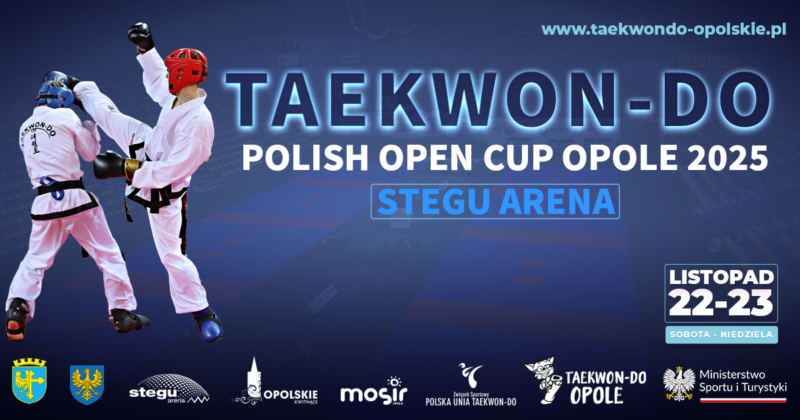 Niebieski Plakat Taekwon-do Polish Open Cup na którym walczą zawodnicy taekwon-do