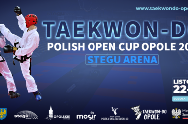 Niebieski Plakat Taekwon-do Polish Open Cup na którym walczą zawodnicy taekwon-do